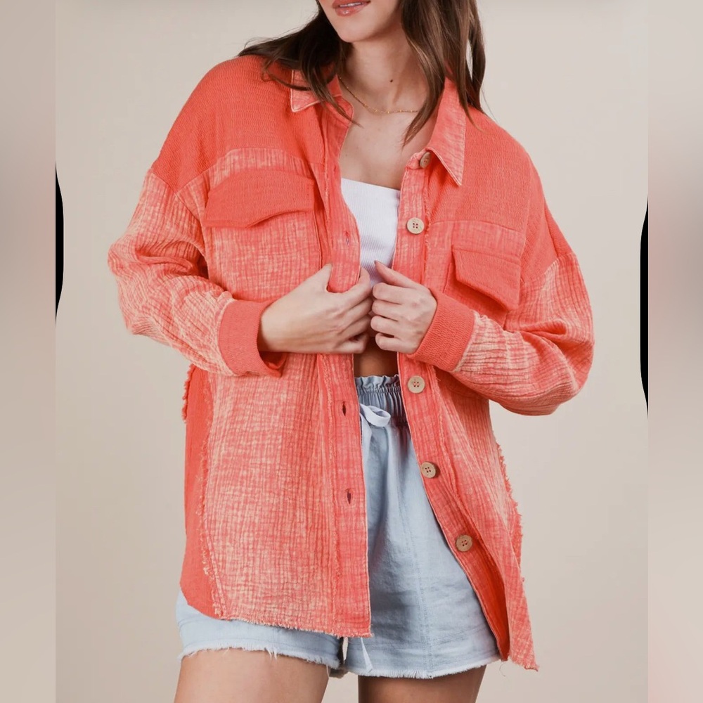 Very J Women’s Coral mineral washed Button-Down Shirt/Shacket